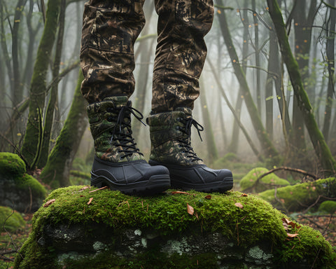 Camouflage pants and black boots on a rock in a forest setting