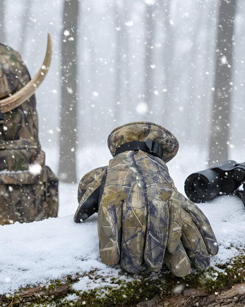 Camouflage hunting gloves and binoculars on a snowy ground with a forest background.