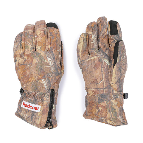 Pair of camouflage gloves with a Redcoat logo on a white background