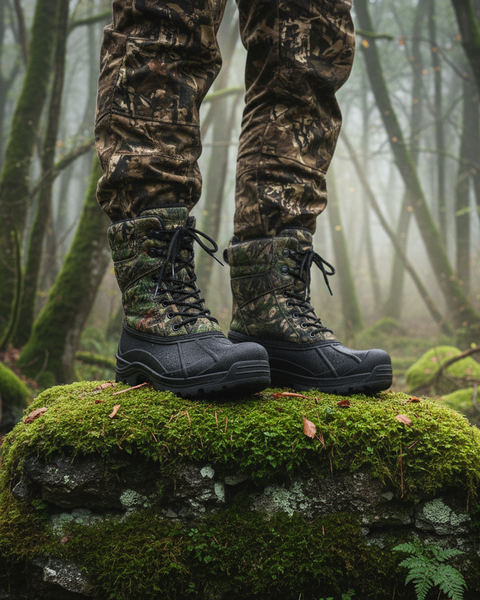 Camouflage pants and black boots on a mossy rock in a forest