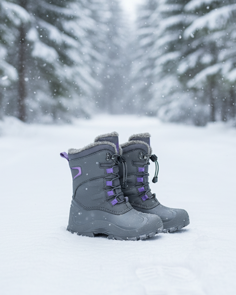 Gray winter boots with purple laces on a snowy ground with trees in the background