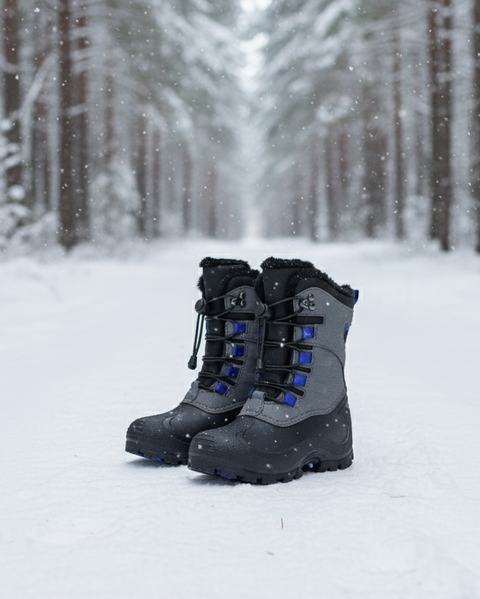 Pair of gray winter boots with blue accents on a snowy forest floor.