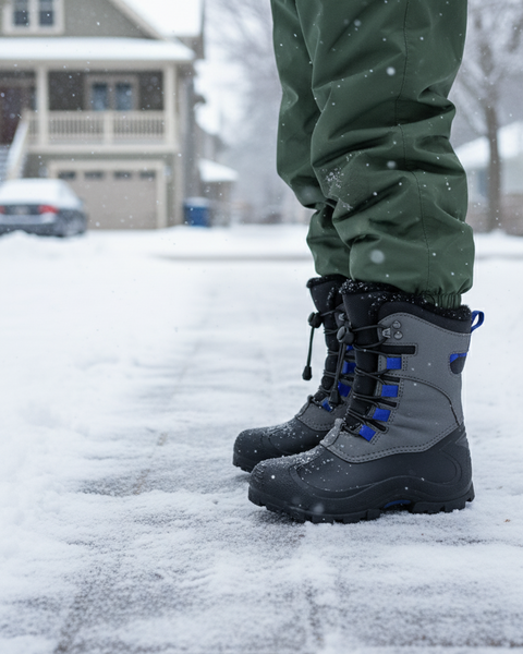 Person wearing gray winter boots with blue accents on a snowy ground.