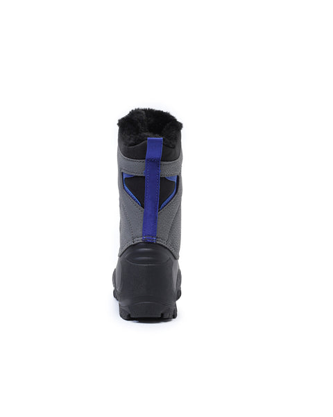 Gray and black boot with blue accents on a white background
