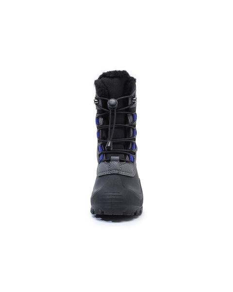 Black and gray winter boot with blue accents on a white background