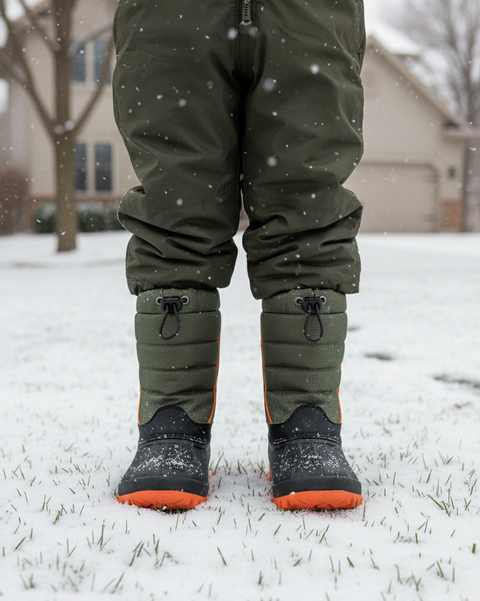 Person wearing green snow pants and black boots with orange soles on a snowy ground.
