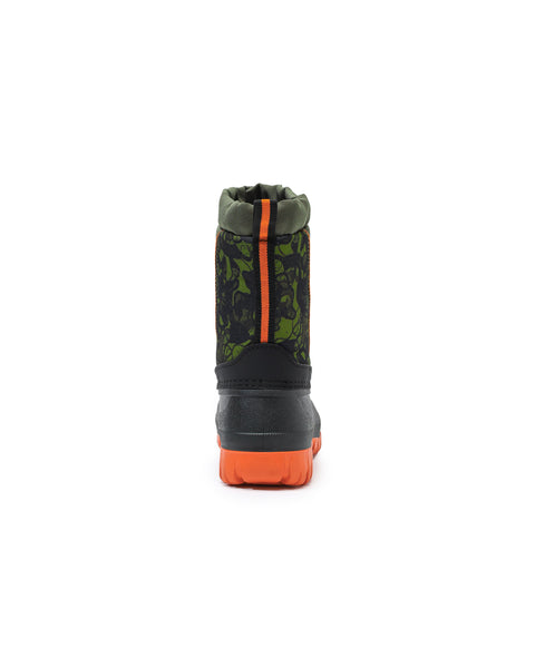 Black and green boot with orange sole on a white background