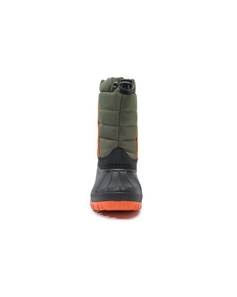 Green and orange winter boot on a white background