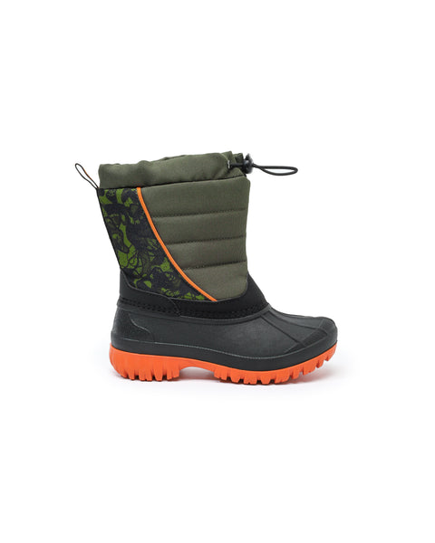 Green and black winter boot with orange sole on a white background