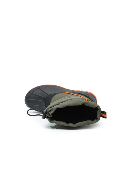 Child's boot with gray and green design on a white background