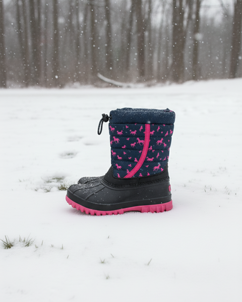 Black and pink winter boot in the snow with trees in the background