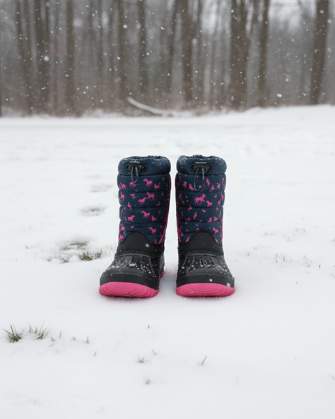 Pair of black boots with pink patterns on a snowy ground