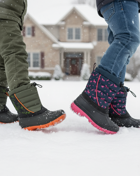 Two pairs of feet wearing winter boots in the snow with a house in the background.