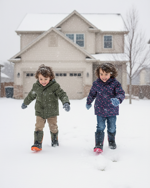 Two children playing in the snow in front of a house.