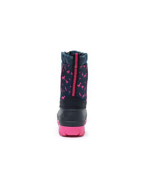 Black and pink winter boot with butterfly pattern on a white background