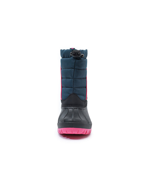 Children's winter boot with blue top and pink sole on a white background