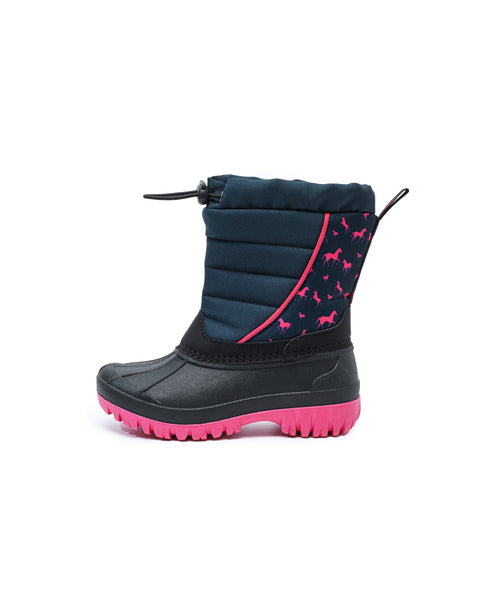 Black and pink winter boot with butterfly design on a white background