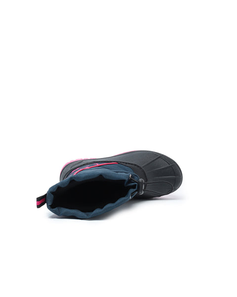 Black winter boot with pink trim on a white background