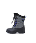 Gray and black winter boot with blue accents on a white background