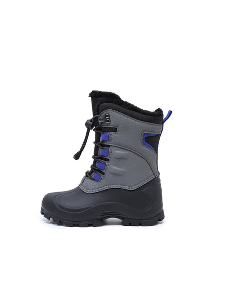 Gray and black winter boot with blue accents on a white background