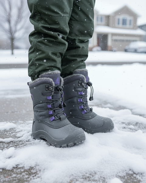 Person wearing gray winter boots and green pants standing on a snowy sidewalk.