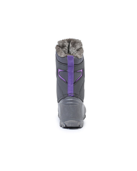 Gray winter boot with purple accents on a white background