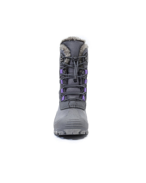 Gray winter boot with purple accents on a white background