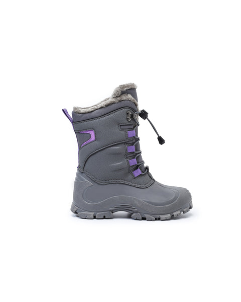 Gray winter boot with purple accents on a white background