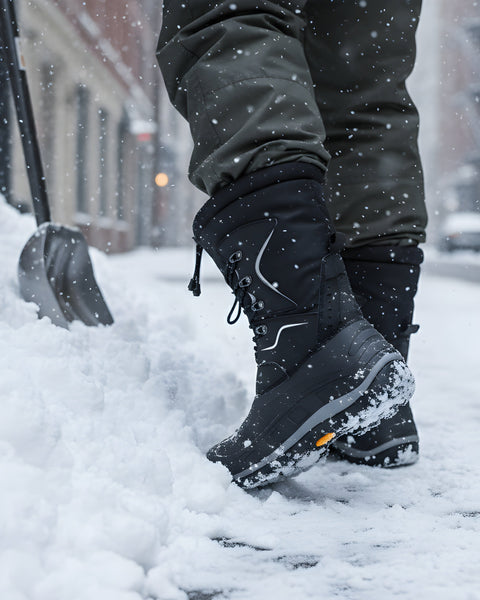 Person shoveling snow with black winter boots on a snowy street.