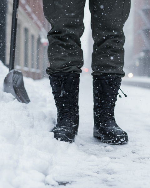 Person wearing black snow boots standing in the snow with a shovel nearby.