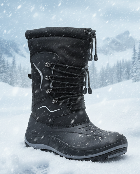 Black winter boot in the snow with a mountainous background