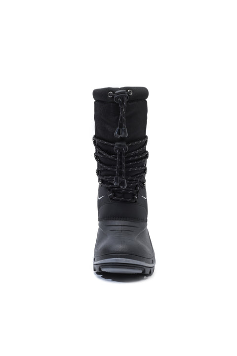 Black winter boot with gray sole on a white background