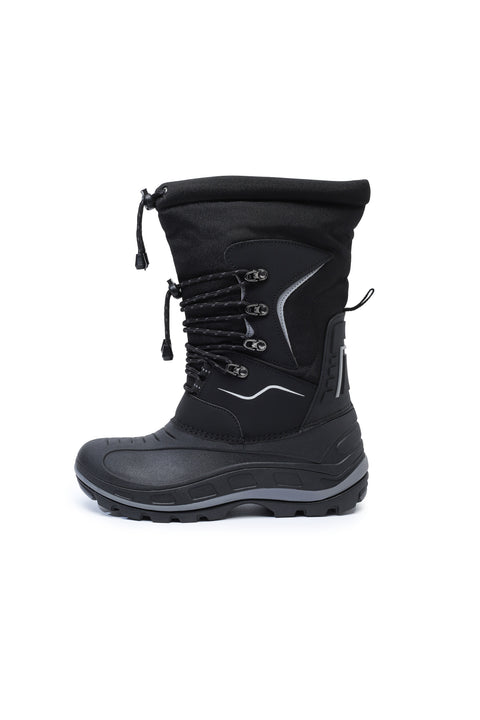 Black winter boot with gray sole on a white background