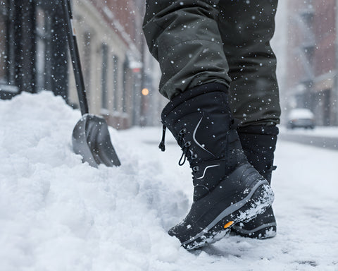 Person shoveling snow with black winter boots on a snowy street.