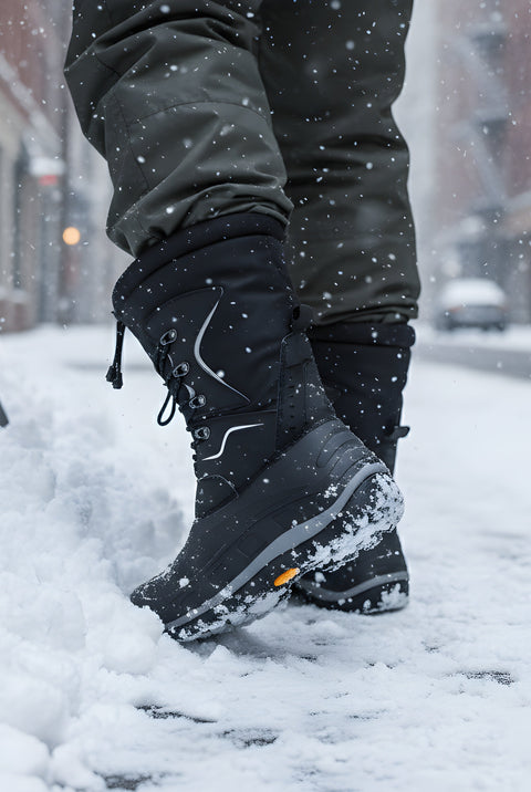 Person shoveling snow with black winter boots on a snowy street.