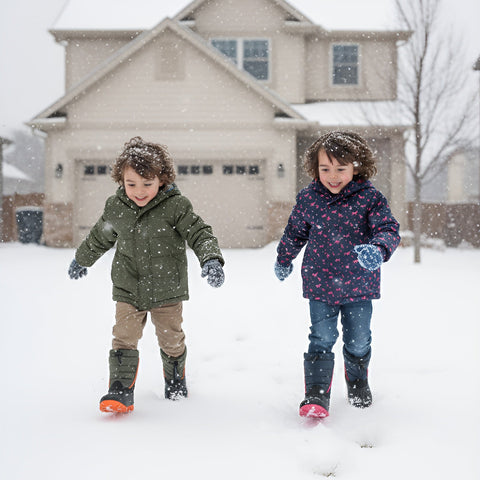 Two children playing in the snow in front of a house