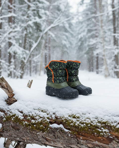 Pair of camouflage boots with orange accents on a snow-covered log in a forest during a snowfall.