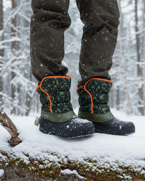 Person wearing winter boots and pants in a snowy forest