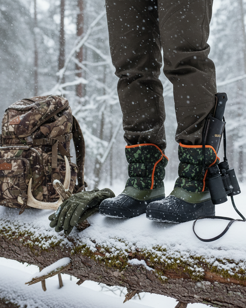 Person in winter gear with backpack and gloves standing on a snow-covered branch in a forest.