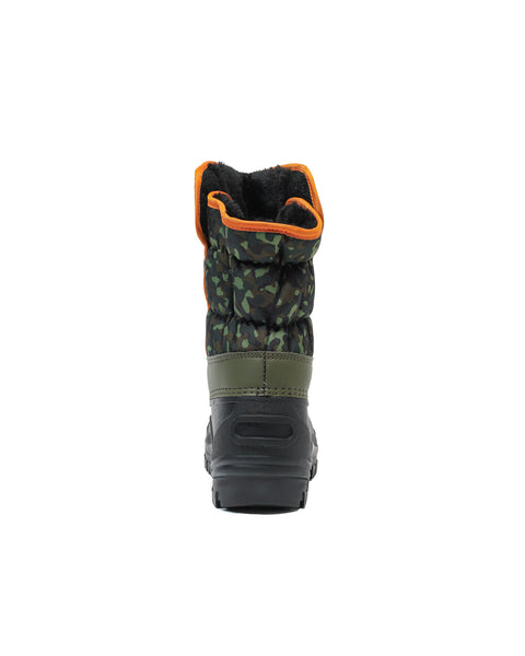 Camouflage-patterned winter boot with orange interior on a white background