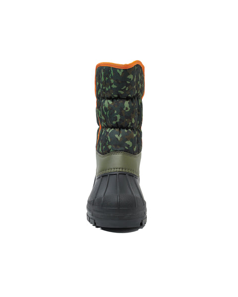 Green and black winter boot with orange trim on a white background
