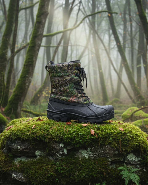 Camouflage-patterned boot on a moss-covered rock in a forest