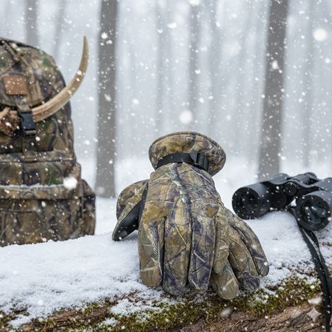 Camouflage hunting gear including a helmet, gloves, and binoculars on a snowy ground with trees in the background.